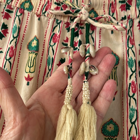 Haute Hippie Boho Tribal Print Soft Cotton Pants w Beaded Tassel Ties & Pockets - Picture 2 of 12